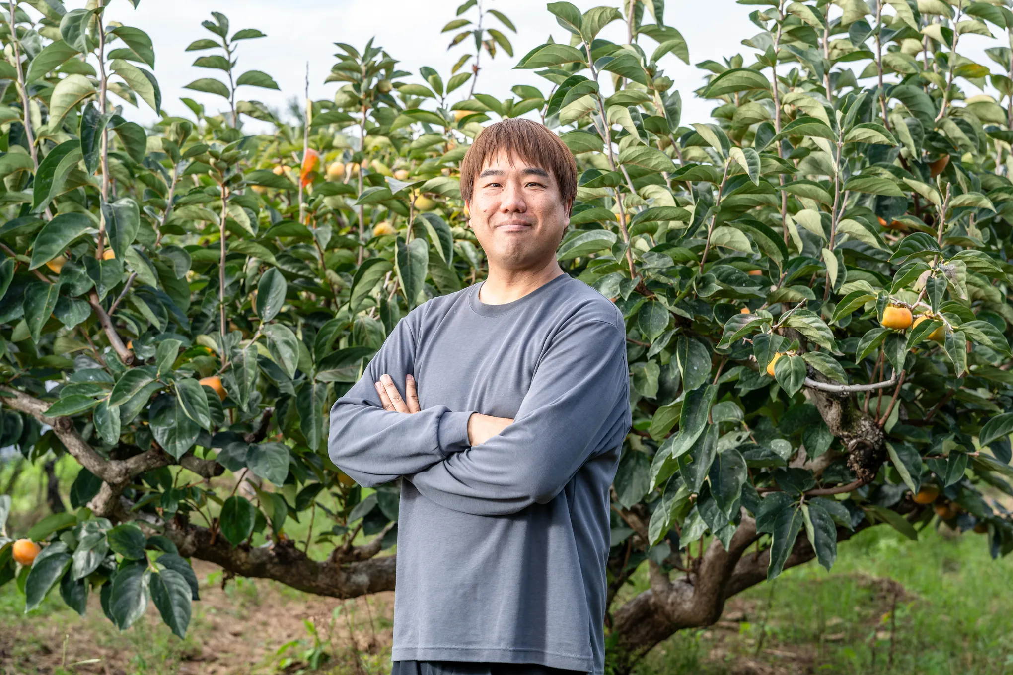 柿の木の前で腕を組んで立つ園主 飯田裕之
